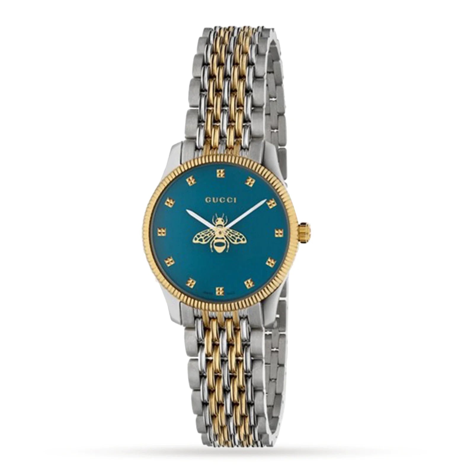 Gucci G-Timeless YA1265029 Women’s 27mm Quartz Watch – Teal Bee Dial, Two-Tone Bracelet