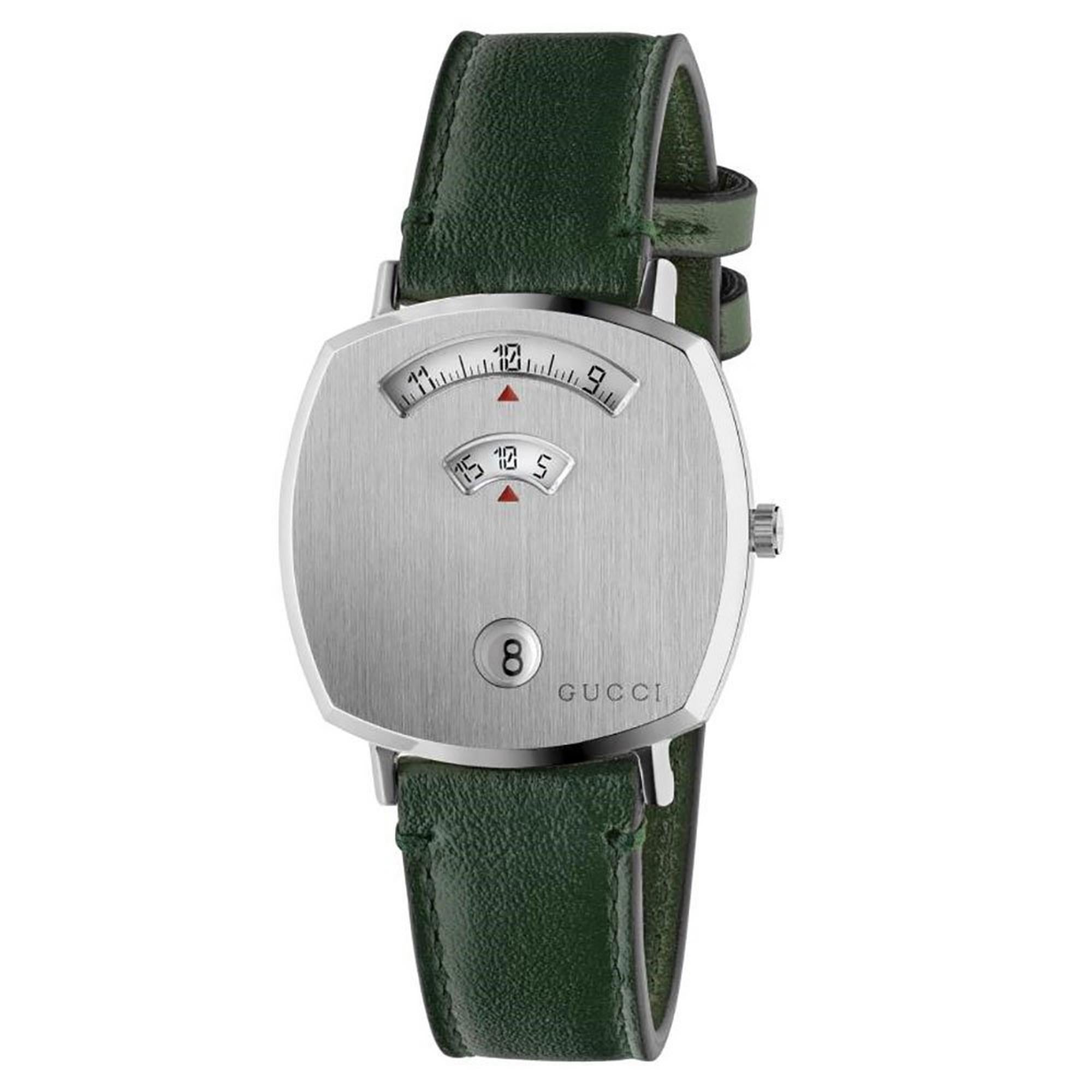 Gucci Grip Stainless Steel Covered Dial Green Leather Strap Watch YA157406
