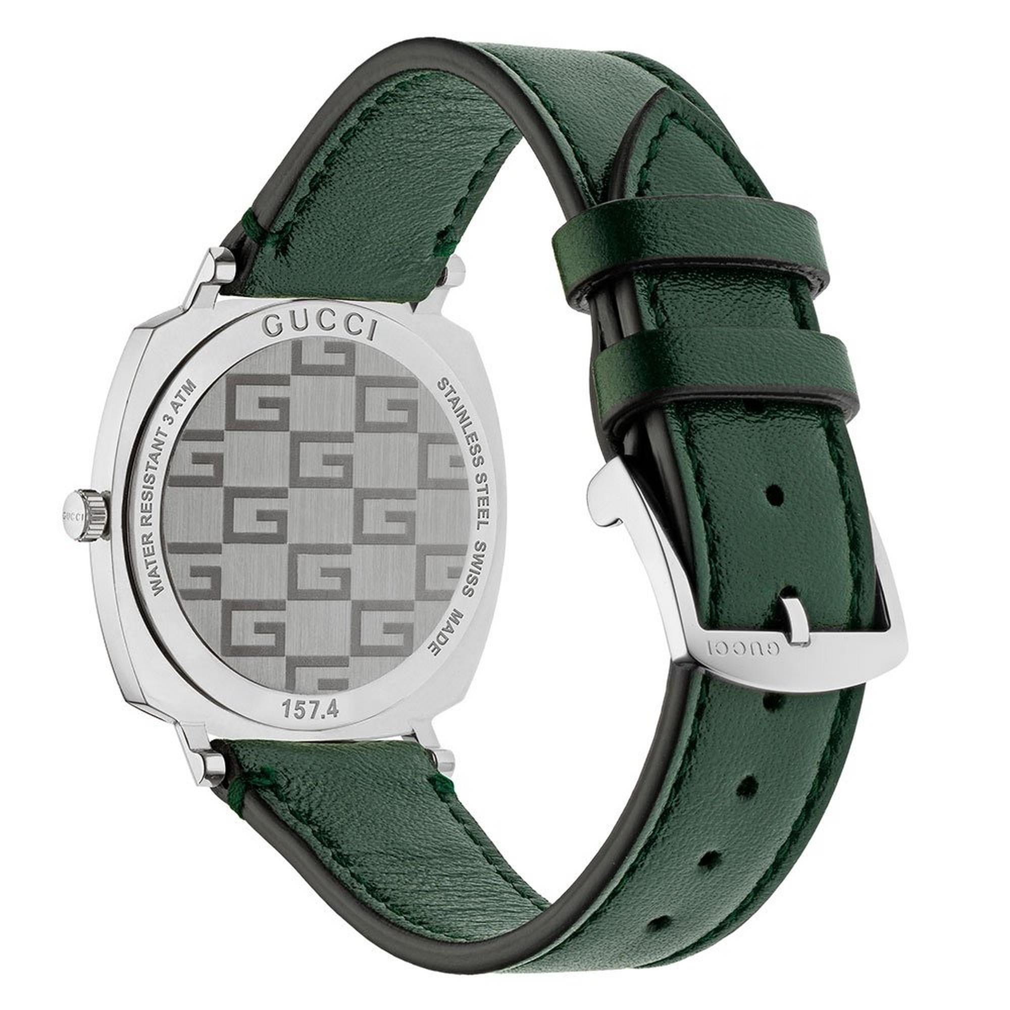 Gucci Grip Stainless Steel Covered Dial Green Leather Strap Watch YA157406