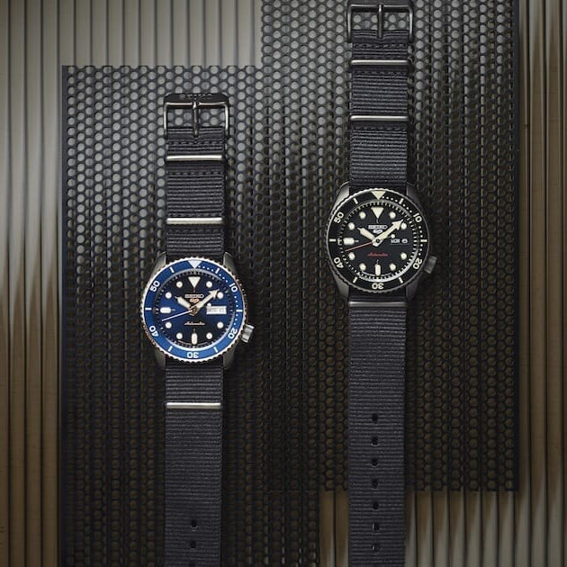 Seiko 5 Sports Automatic herenhorloge met blauwe wijzerplaat en zwarte NATO-band - SBSA098