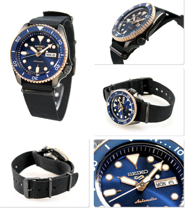 Seiko 5 Sports Automatic herenhorloge met blauwe wijzerplaat en zwarte NATO-band - SBSA098