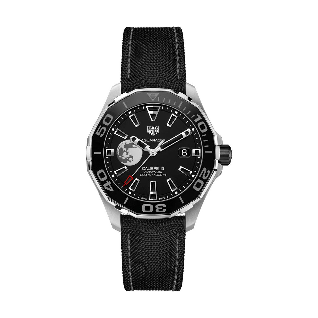 TAG Heuer Aquaracer WAY201J.FC6370 Men's Calibre 5 Diver Watch with Globe Motif and Black Fabric Strap